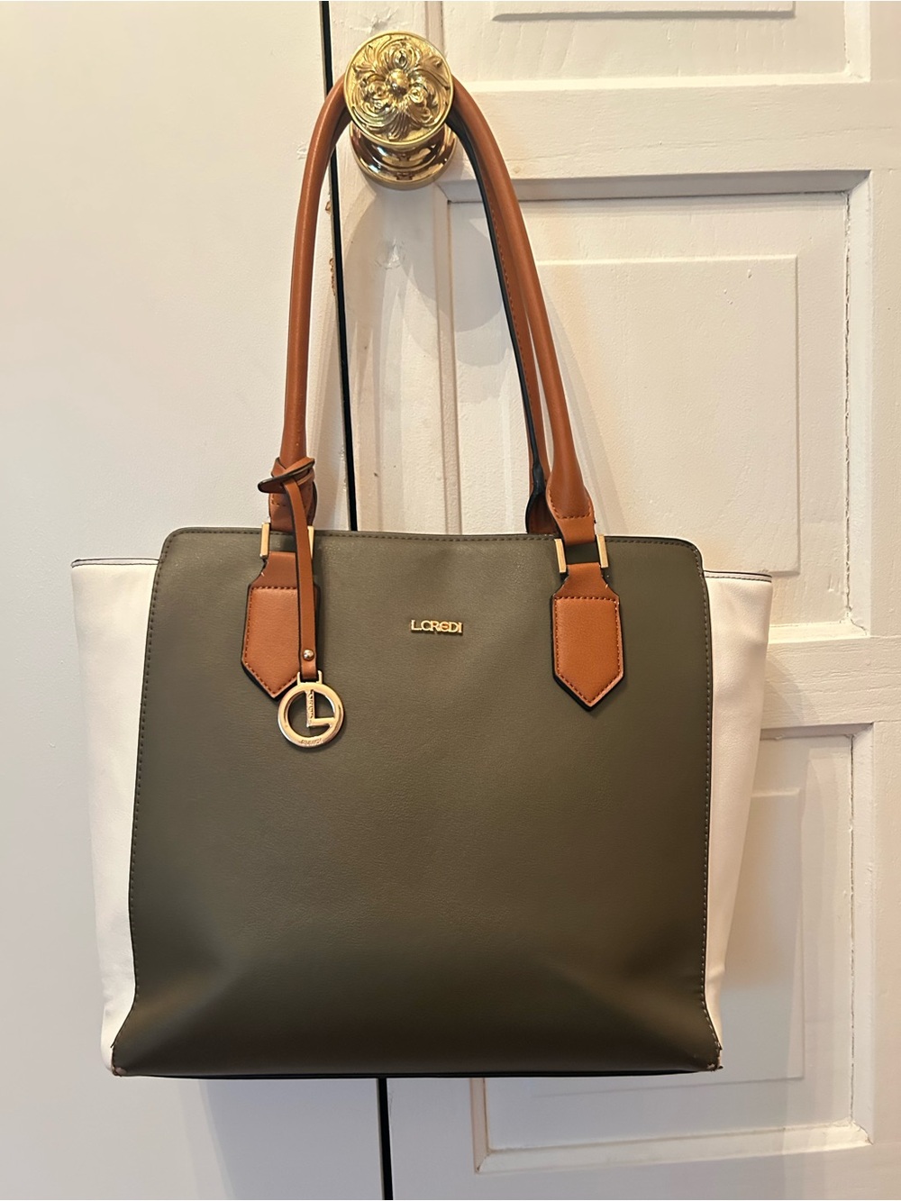 L. Credi Olive & White Large Tote with Tan Handles